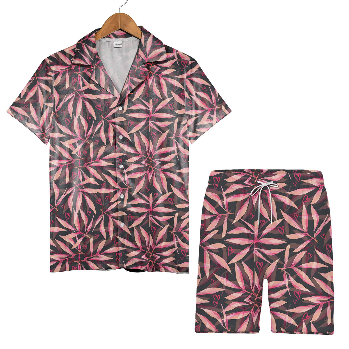 Glossy Hearts Hawaiian Shirt in Bright Pink and Red on Black Background