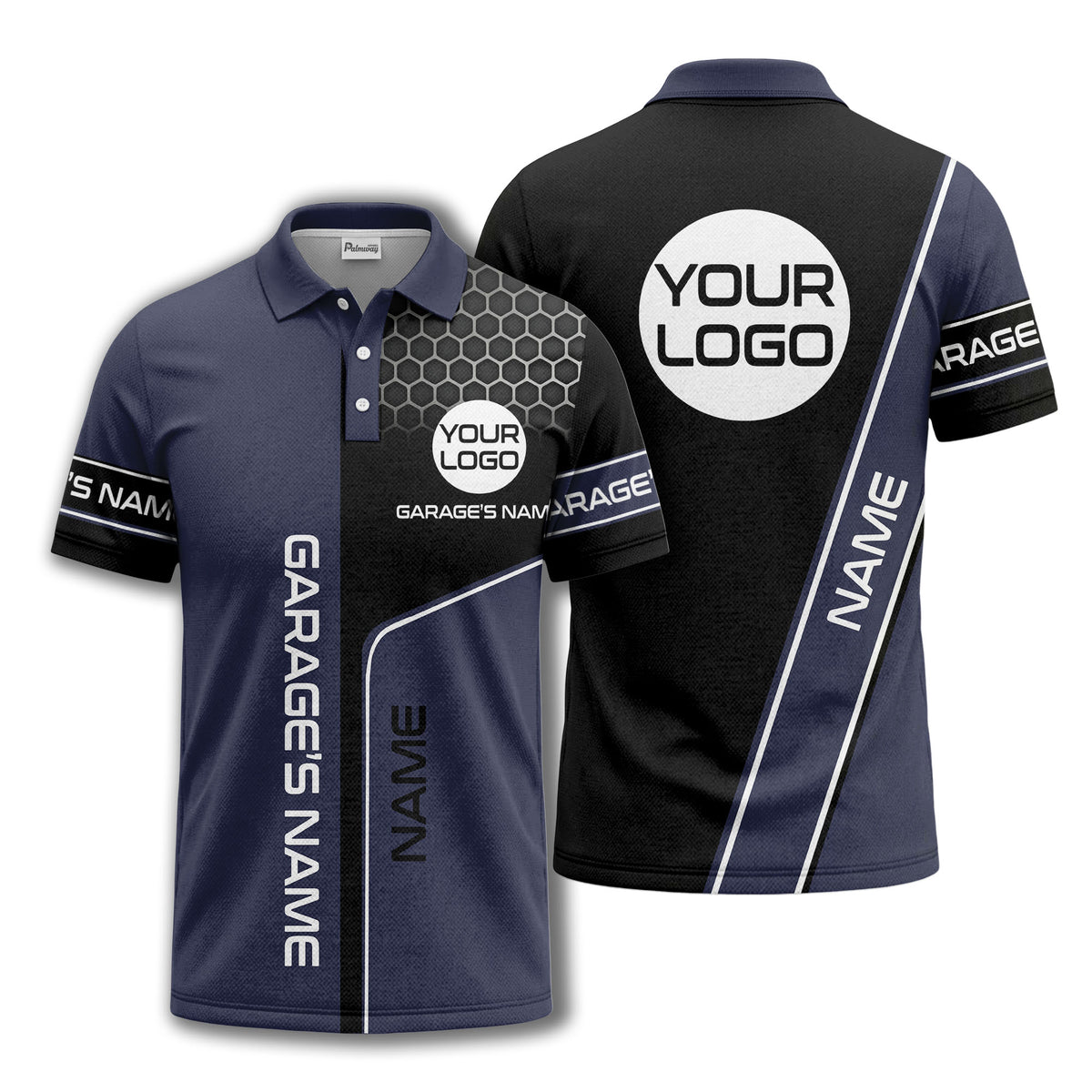 hexagonal grid garage name logo modern automotive polo shirt