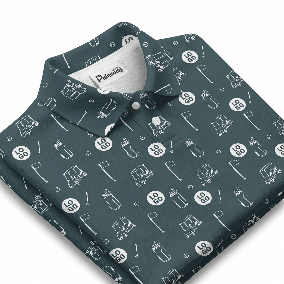 illustrated golf carts & clubs repeating on dark gray hawaiian polo shirt for men