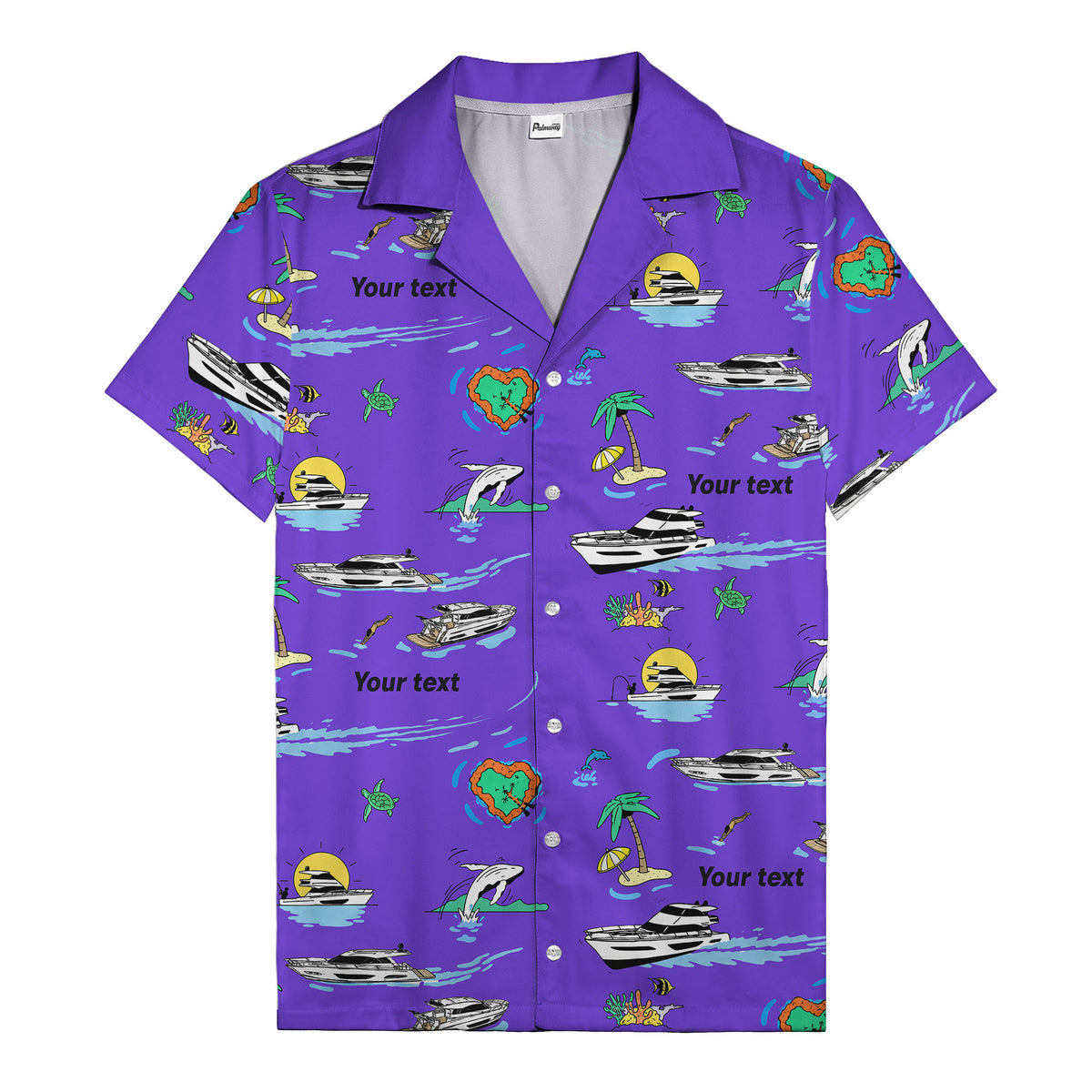 luxury yacht & heart-shaped island cartoon hawaiian shirt