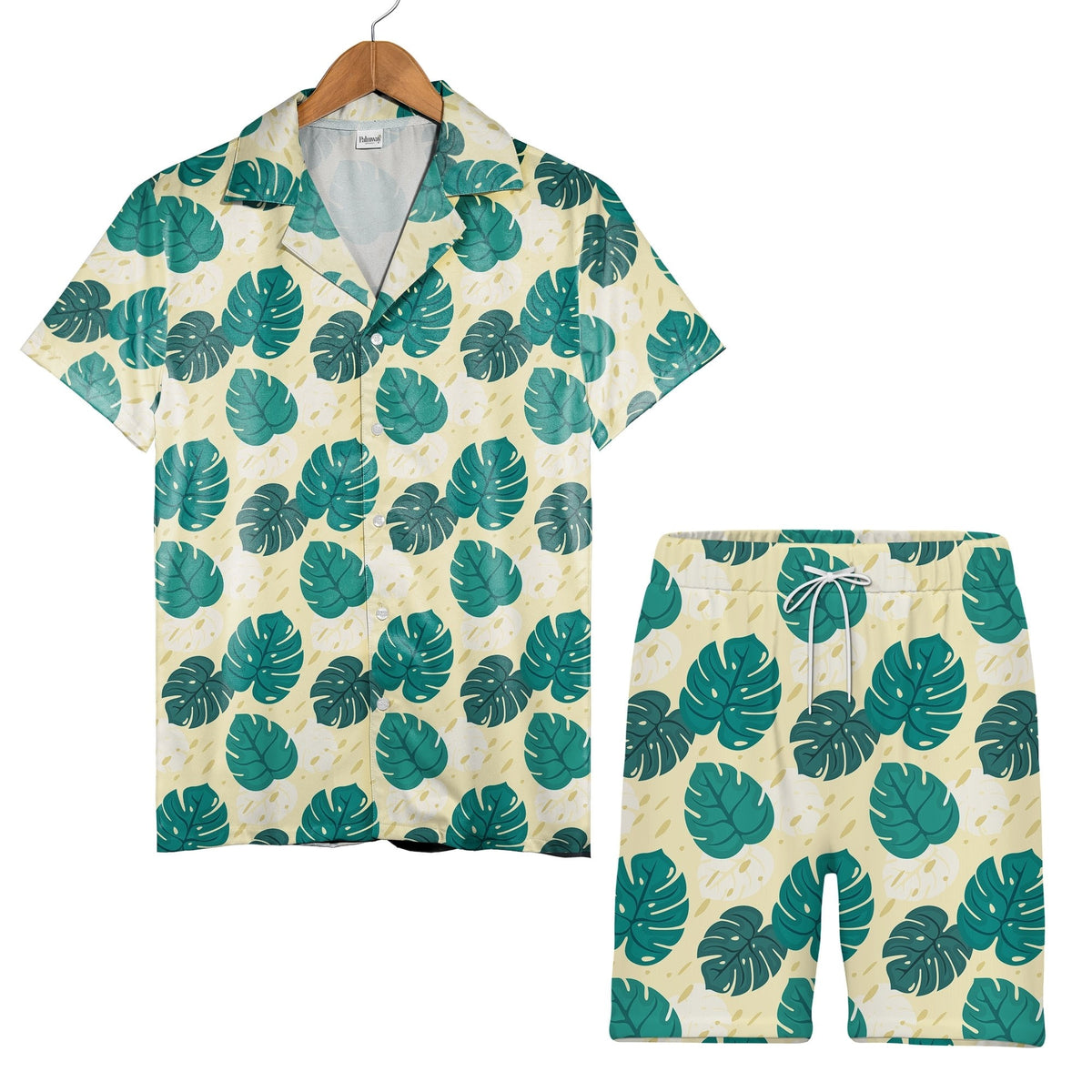 Pale Cream Yellow Modern Graphic Monstera Hawaiian Shirt with Abstract Dots