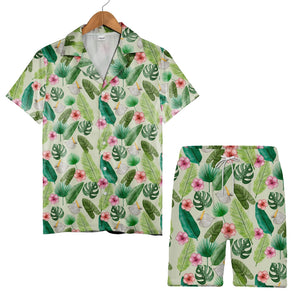 Pale Sage Green Watercolor Monstera Hawaiian Shirt with Anthurium Hibiscus