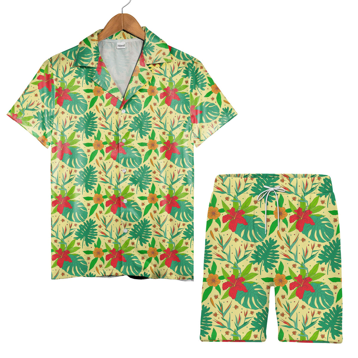 Pale Yellow Monstera Bird of Paradise Hawaiian Shirt with Philodendron Pattern