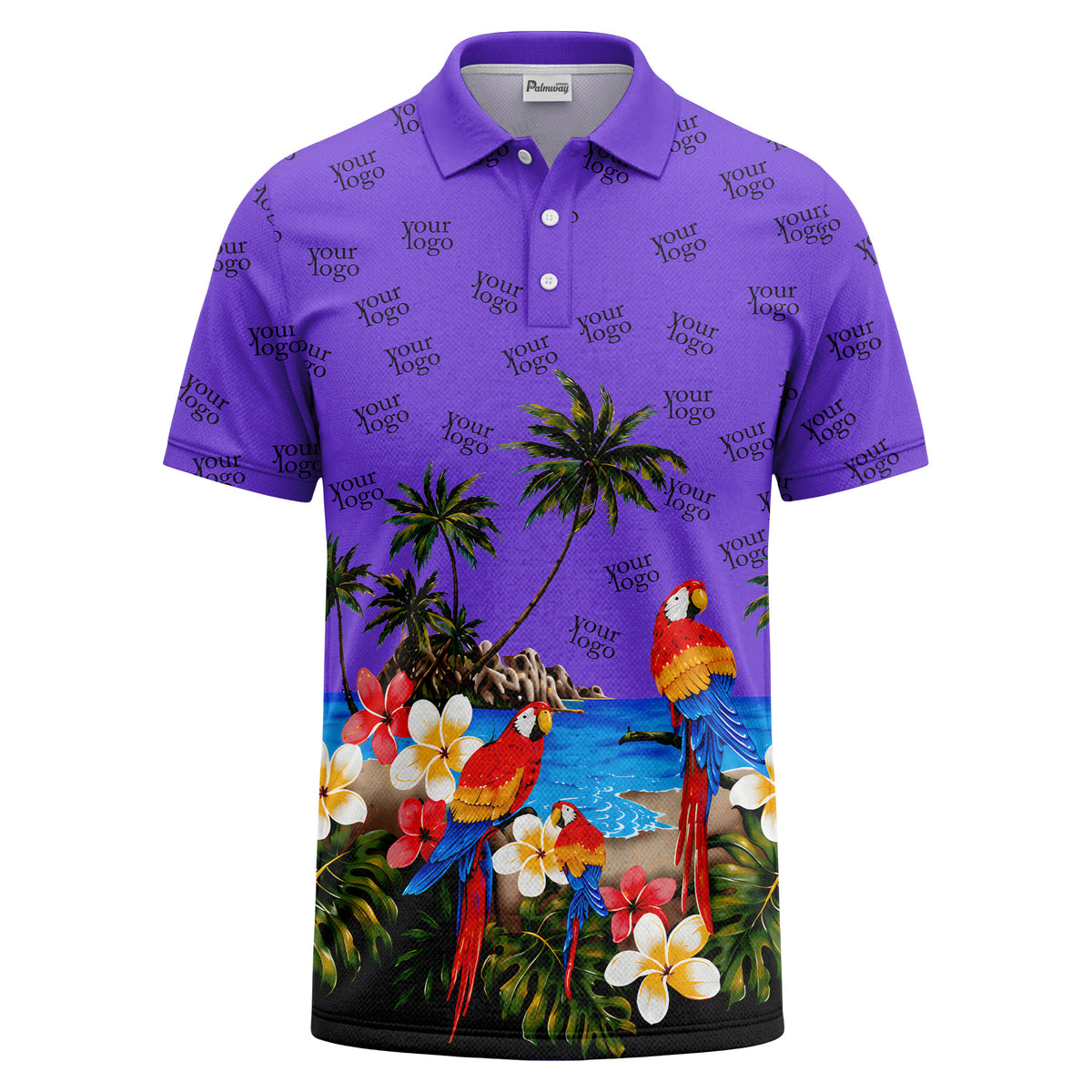 parrot palm plumeria beach watercolor polo shirt