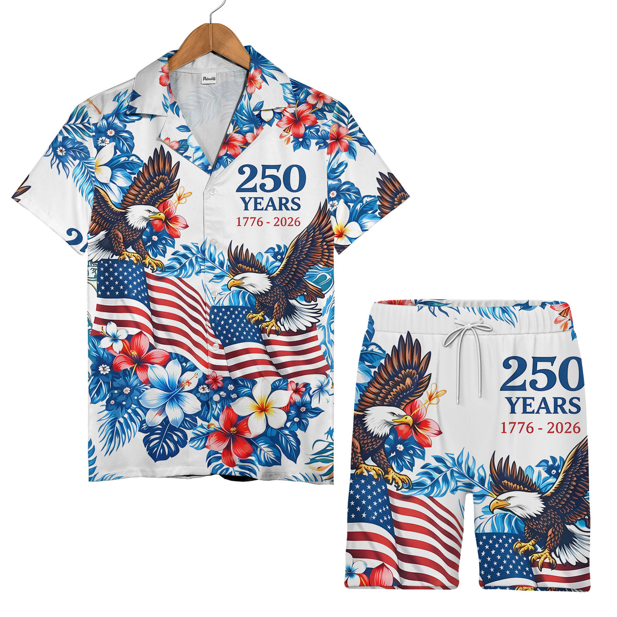 Patriotic Tropical Hawaiian Shirt - Eagle & Hibiscus Floral Print for 4th of July