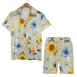 Sunflower and Blue Rose Hawaiian Shirt with Eucalyptus on Khaki Background