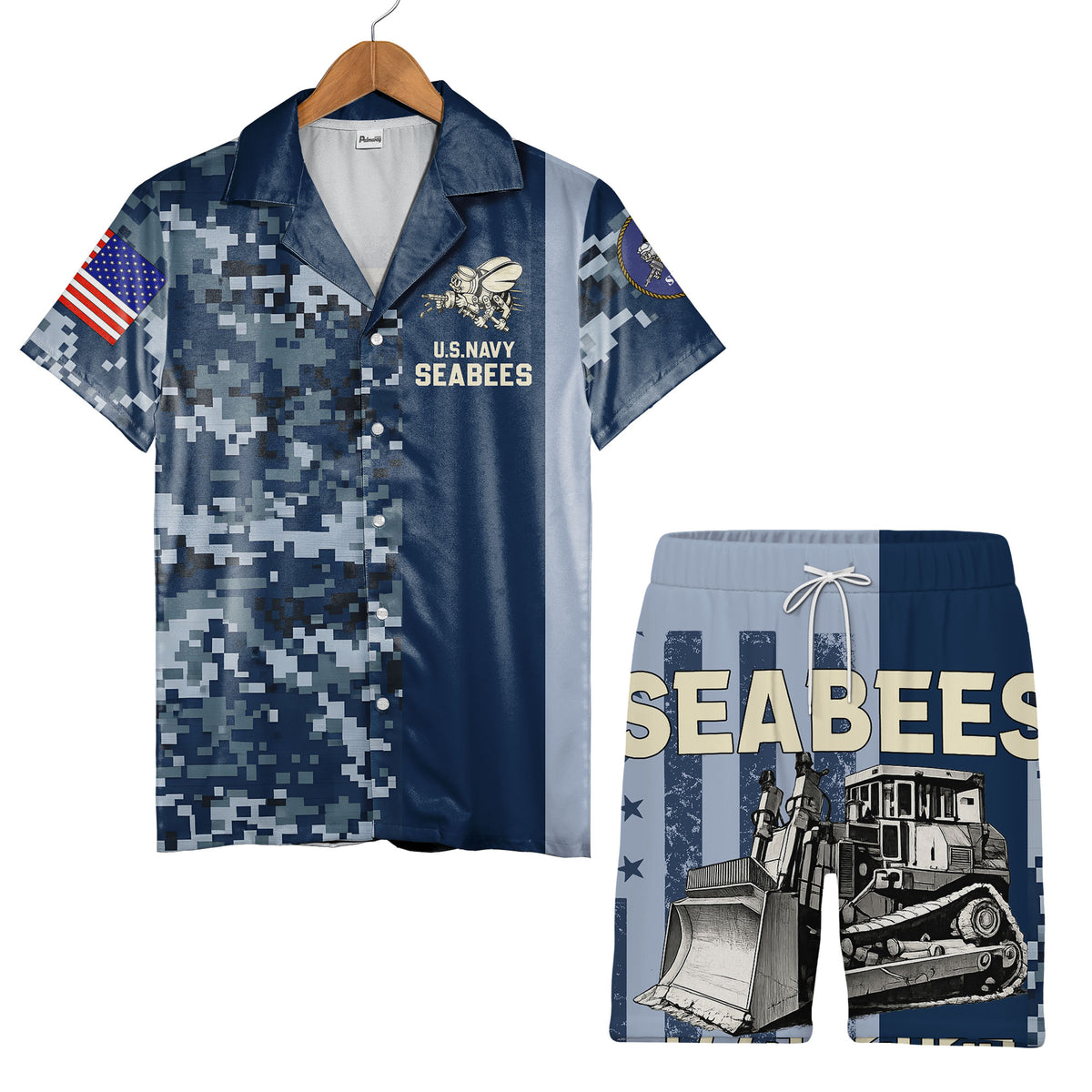 US Navy Seabees Digital Camo Hawaiian Shirt - Patriotic Military Veteran Aloha