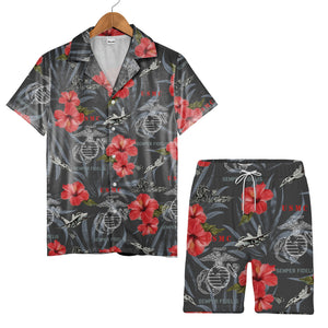 USMC Semper Fidelis Hawaiian Shirt - Fighter Jets Tropical Hibiscus Marine Print