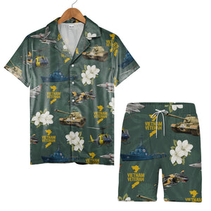 Vietnam Veteran Hawaiian Shirt - Military Jets Tanks Ships & Tropical Hibiscus