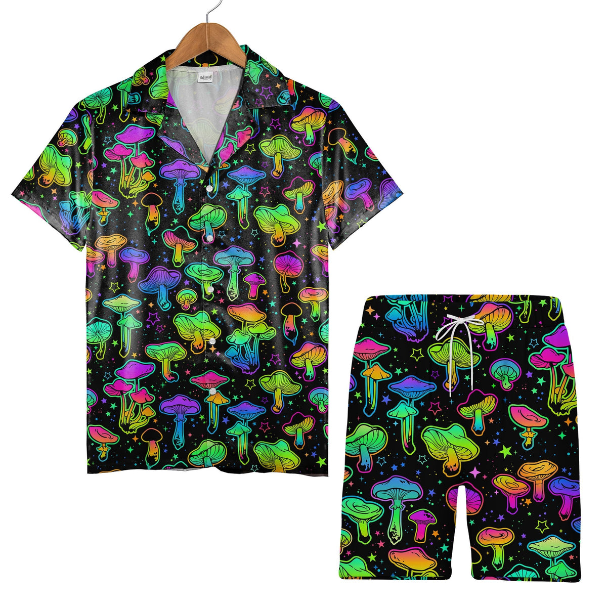 Watercolor Amanita and Forest Mushroom Hawaiian Shirt with Leafy Foliage