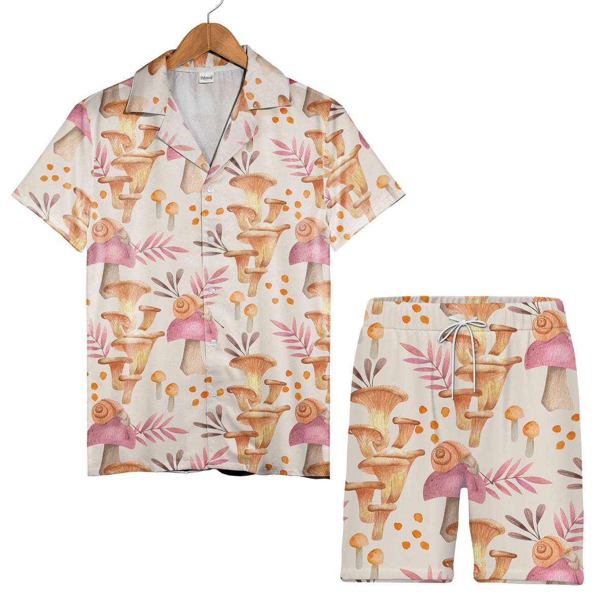 Watercolor Chanterelle Mushroom Hawaiian Shirt with Snails and Pink Leaves