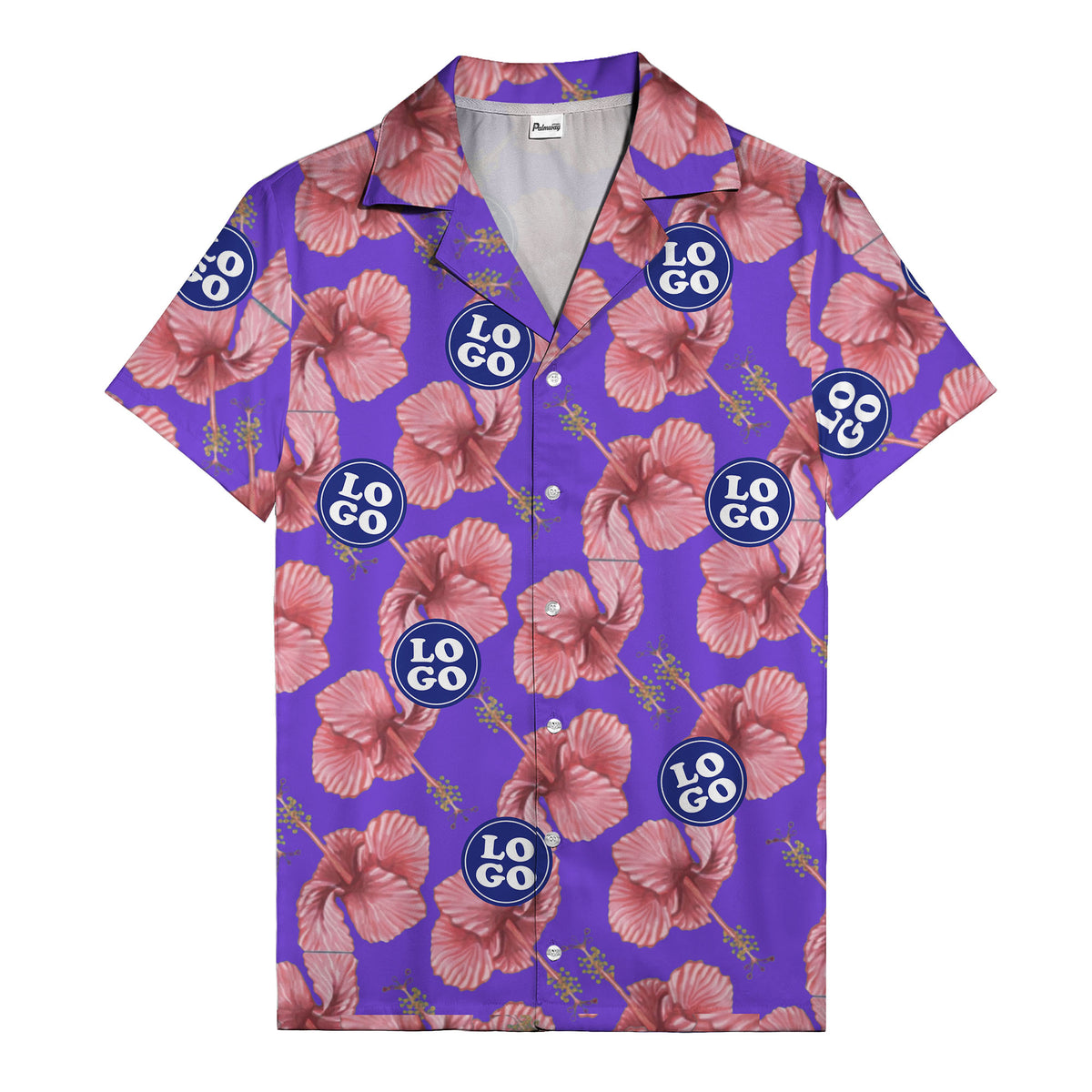 watercolor pink hibiscus & blue logo repeat aloha hawaiian shirt