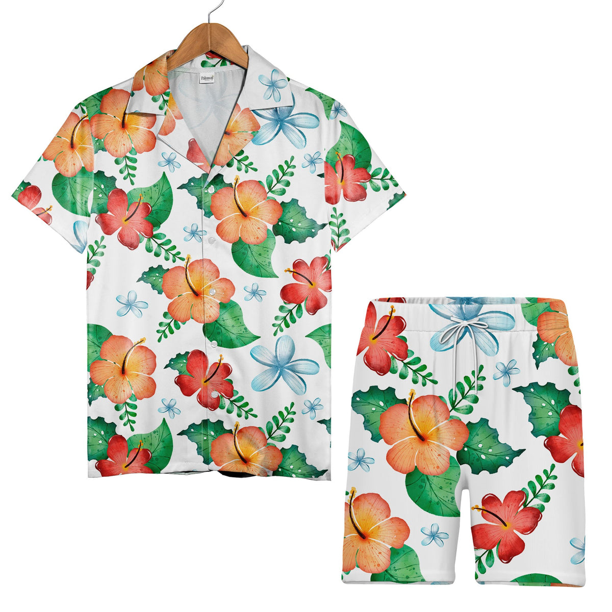 White Watercolor Hibiscus Hawaiian Shirt with Blue Plumeria and Tropical Leaves