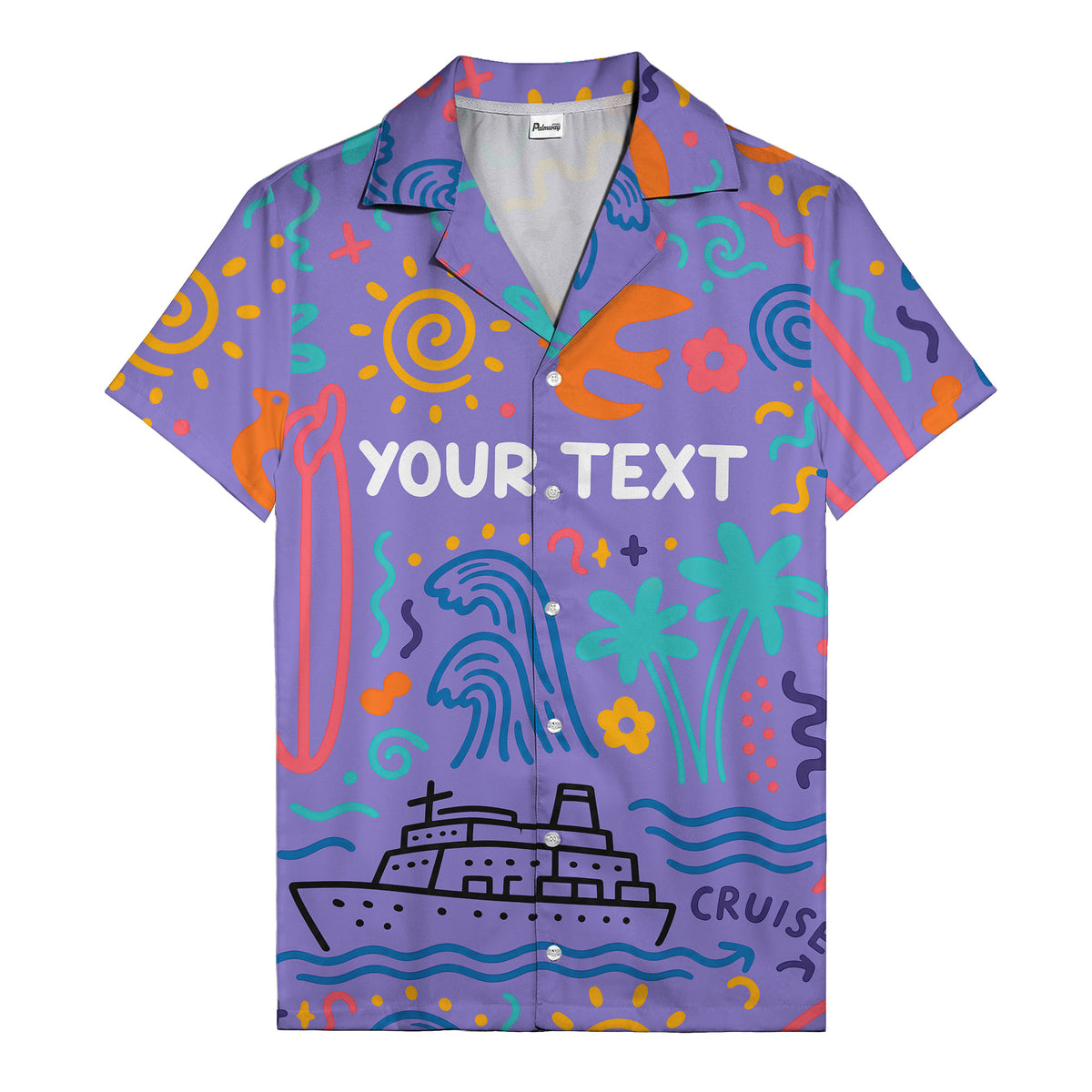 cartoon cruise ship palm trees surfboards wave hawaiian shirt