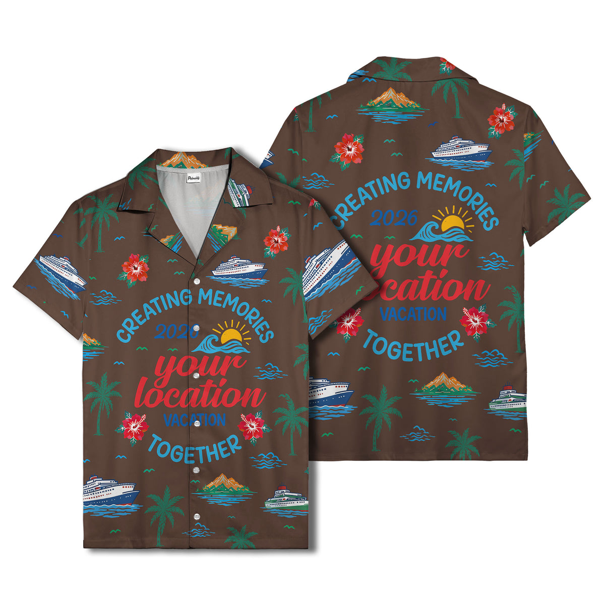 cruise ship & palm fronds watercolor vacation memories hawaiian shirt