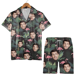 Custom Face with Flamingos Hawaiian Shirt in Navy Tropical Design