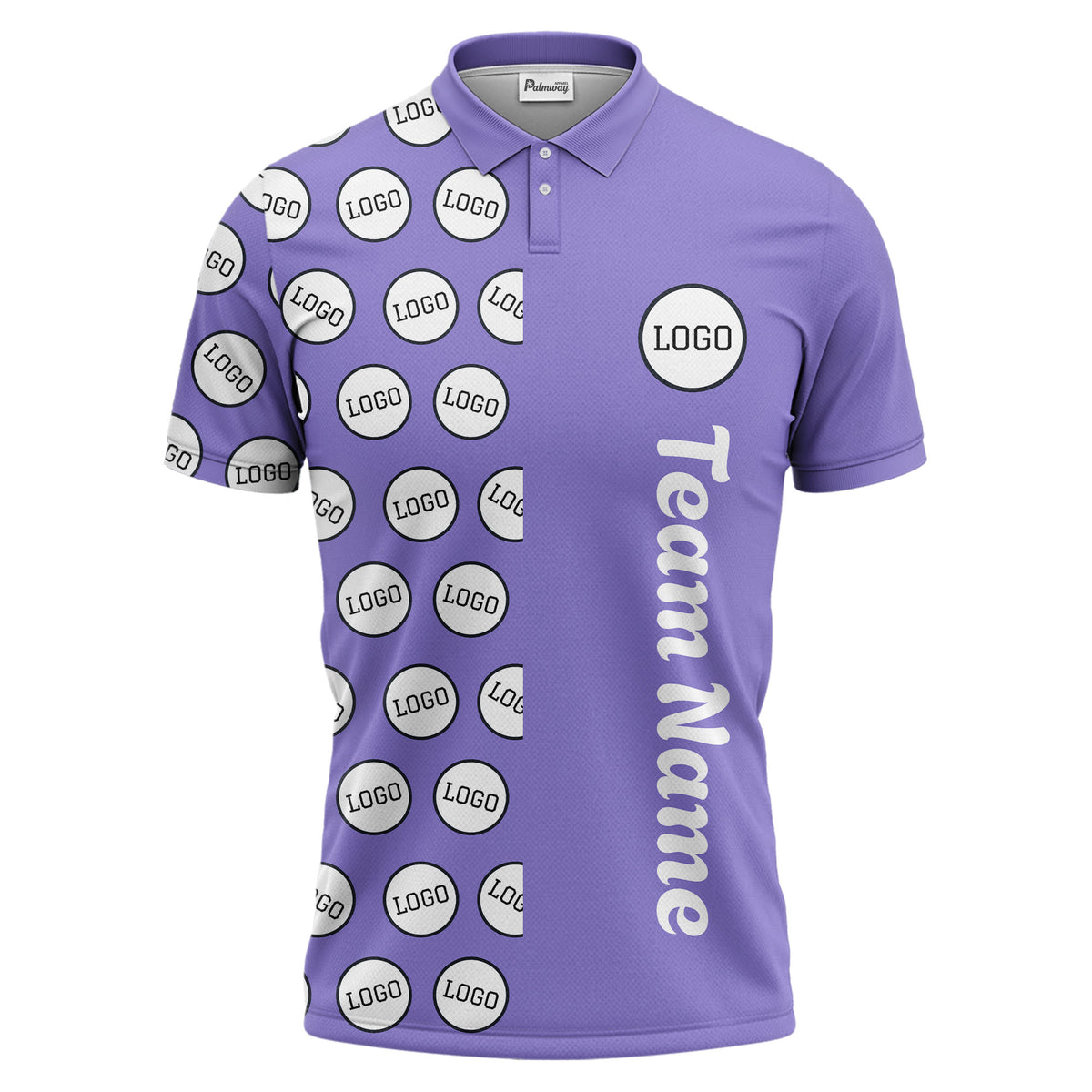 custom team logo polka dot repeat black & white polo shirt for men