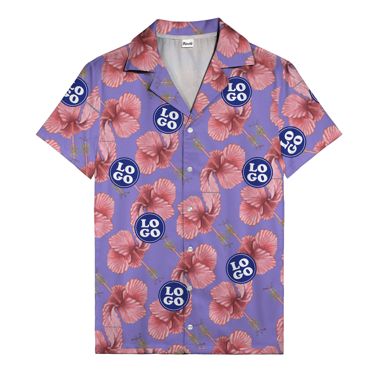 watercolor pink hibiscus & blue logo repeat aloha hawaiian shirt