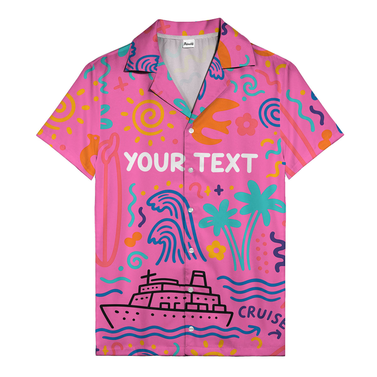 cartoon cruise ship palm trees surfboards wave hawaiian shirt