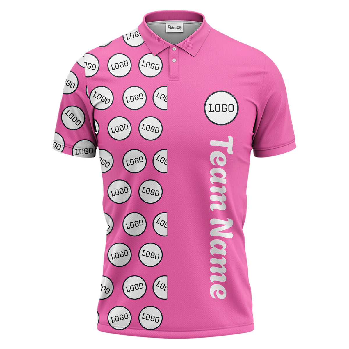 custom team logo polka dot repeat black & white polo shirt for men
