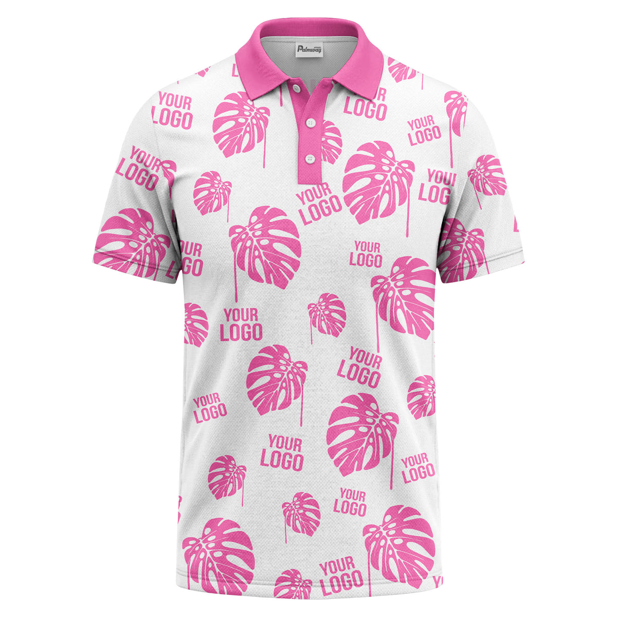 monstera leaves & custom logo repeat black white hawaiian polo shirt
