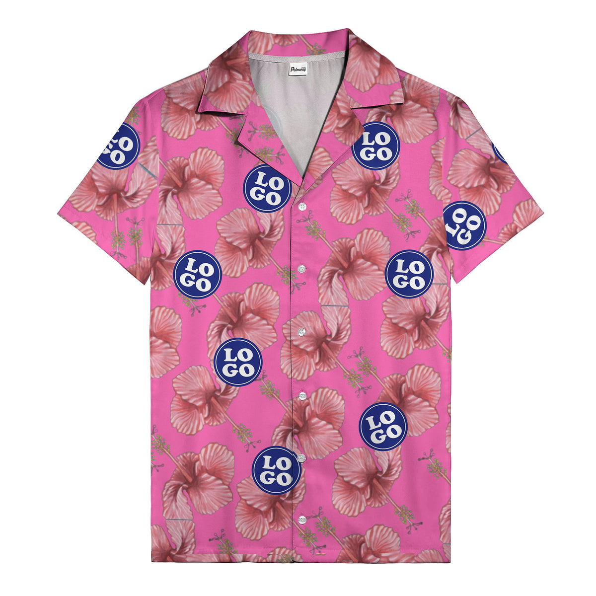 watercolor pink hibiscus & blue logo repeat aloha hawaiian shirt