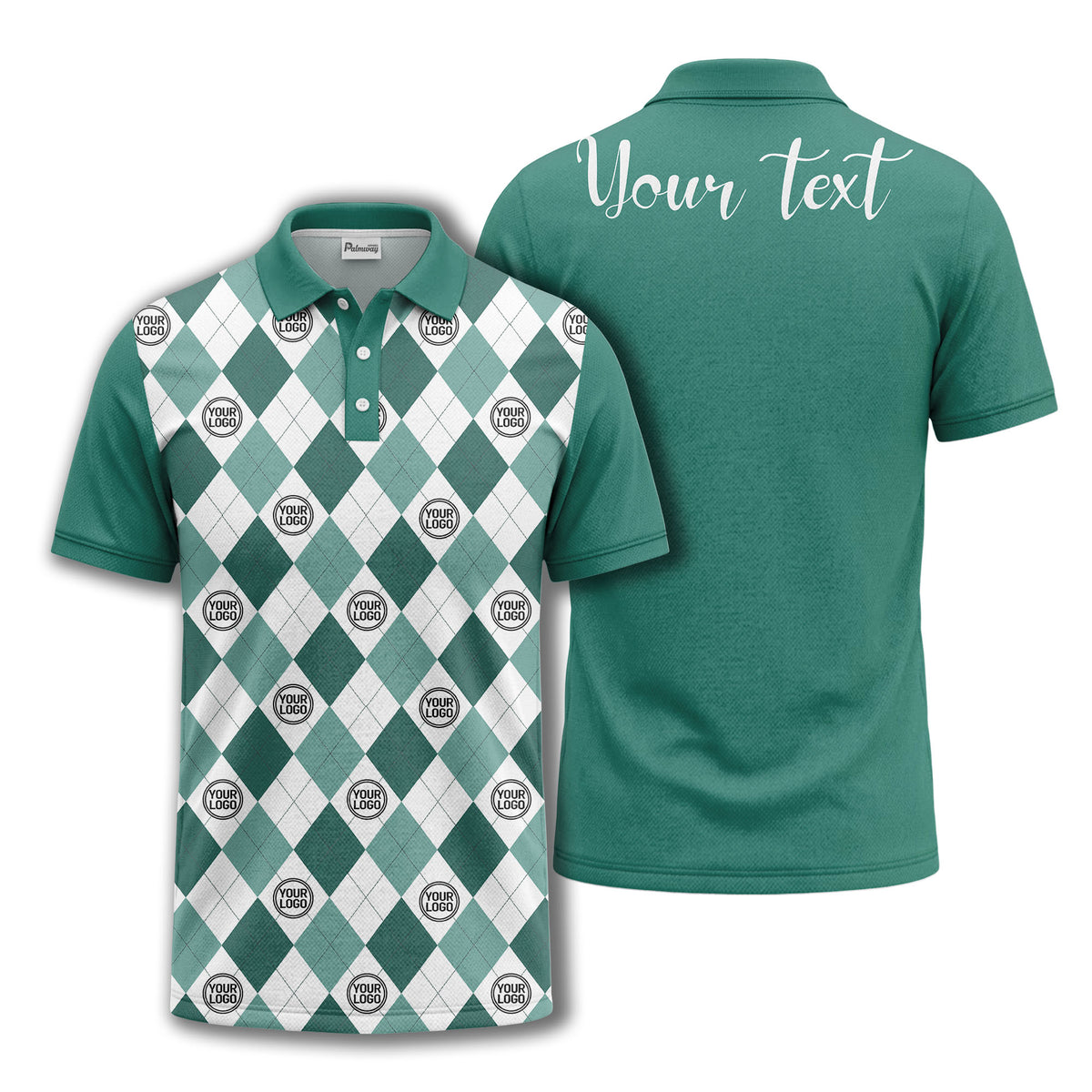 black white argyle diamond repeat pattern polo shirt with custom logo