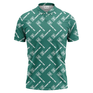 custom logo & company name repeat pattern black polo shirt for men