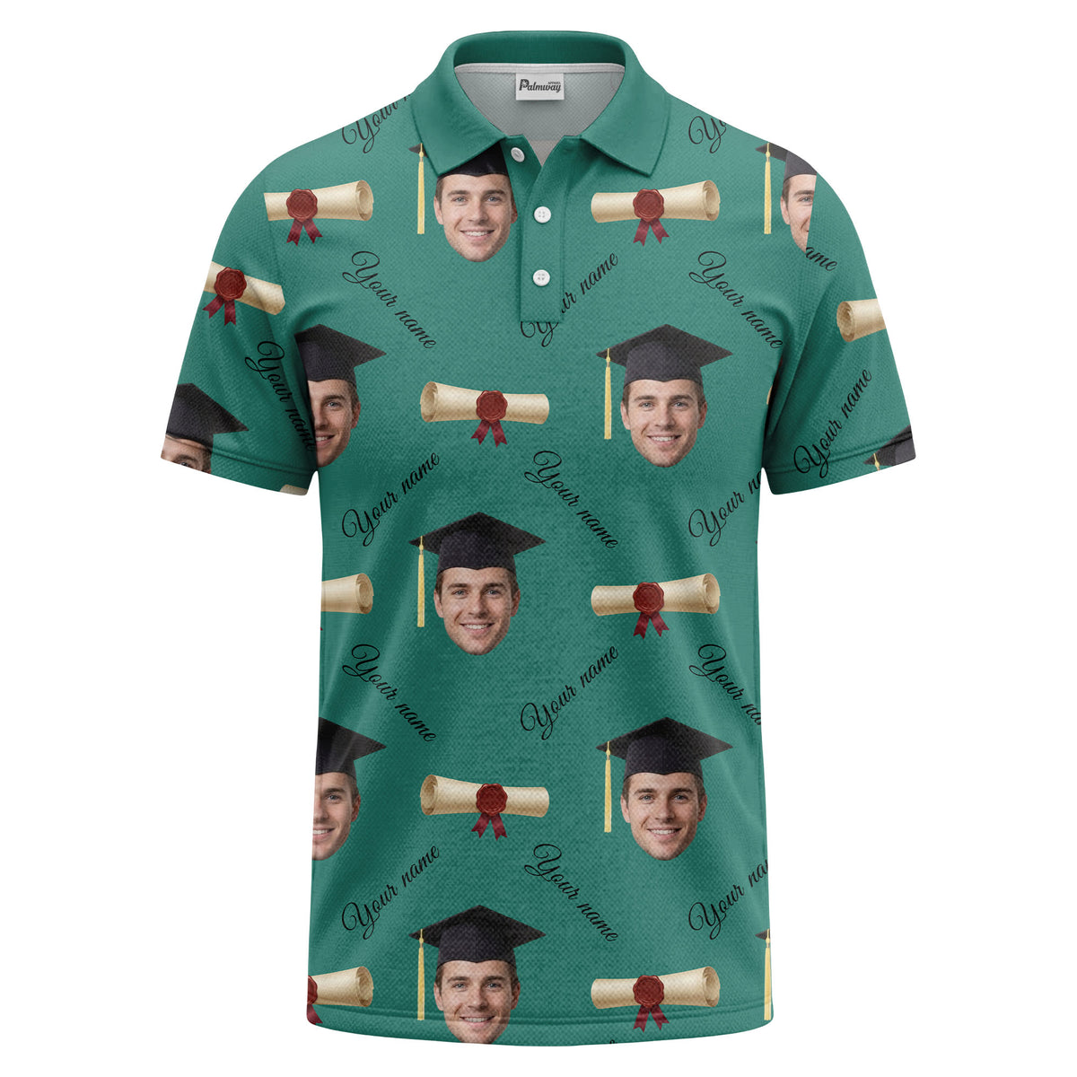 graduation caps & diploma scrolls over personalized faces polo shirt