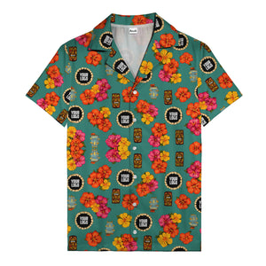 hibiscus & tiki masks all-over print hawaiian shirt for beach getaway