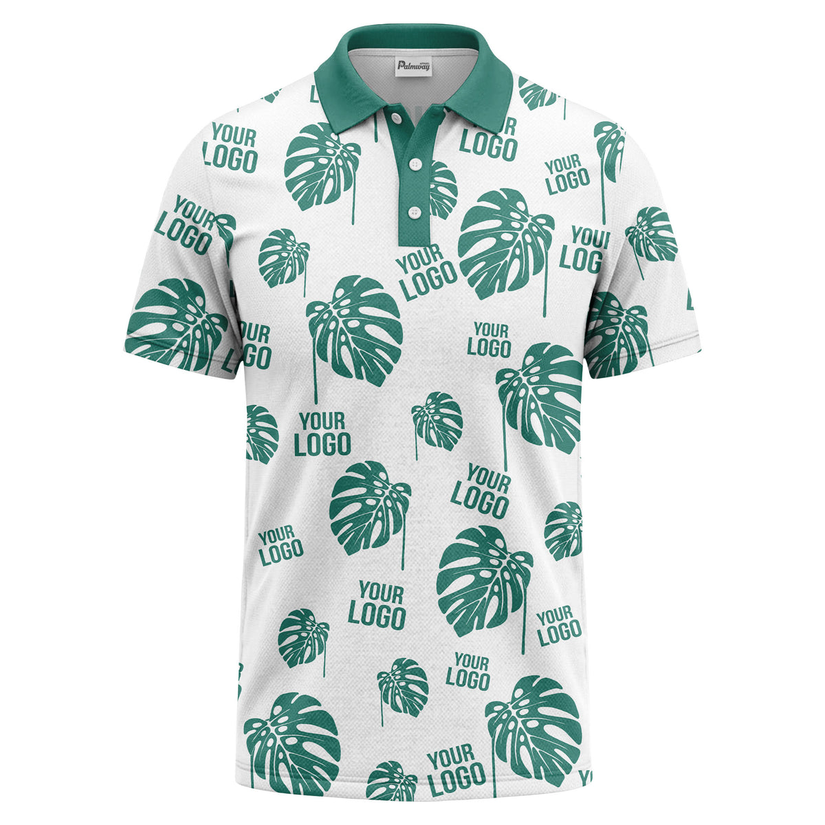 monstera leaves & custom logo repeat black white hawaiian polo shirt