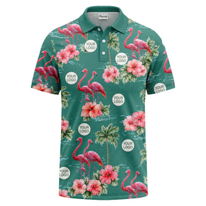 watercolor flamingos & hibiscus palm trees polo shirt for men