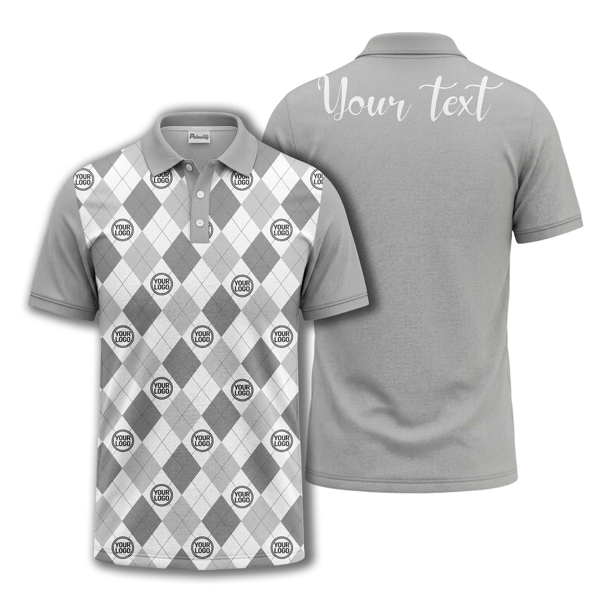 black white argyle diamond repeat pattern polo shirt with custom logo