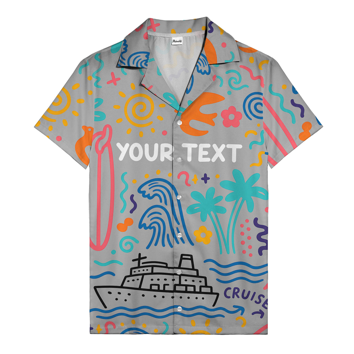 cartoon cruise ship palm trees surfboards wave hawaiian shirt