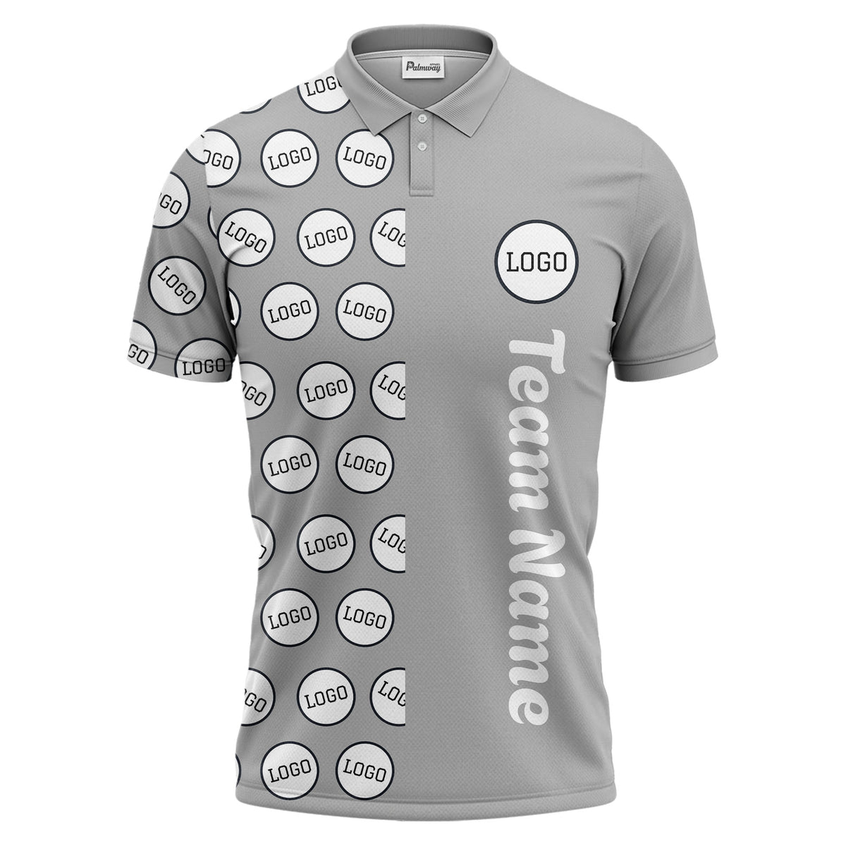 custom team logo polka dot repeat black & white polo shirt for men