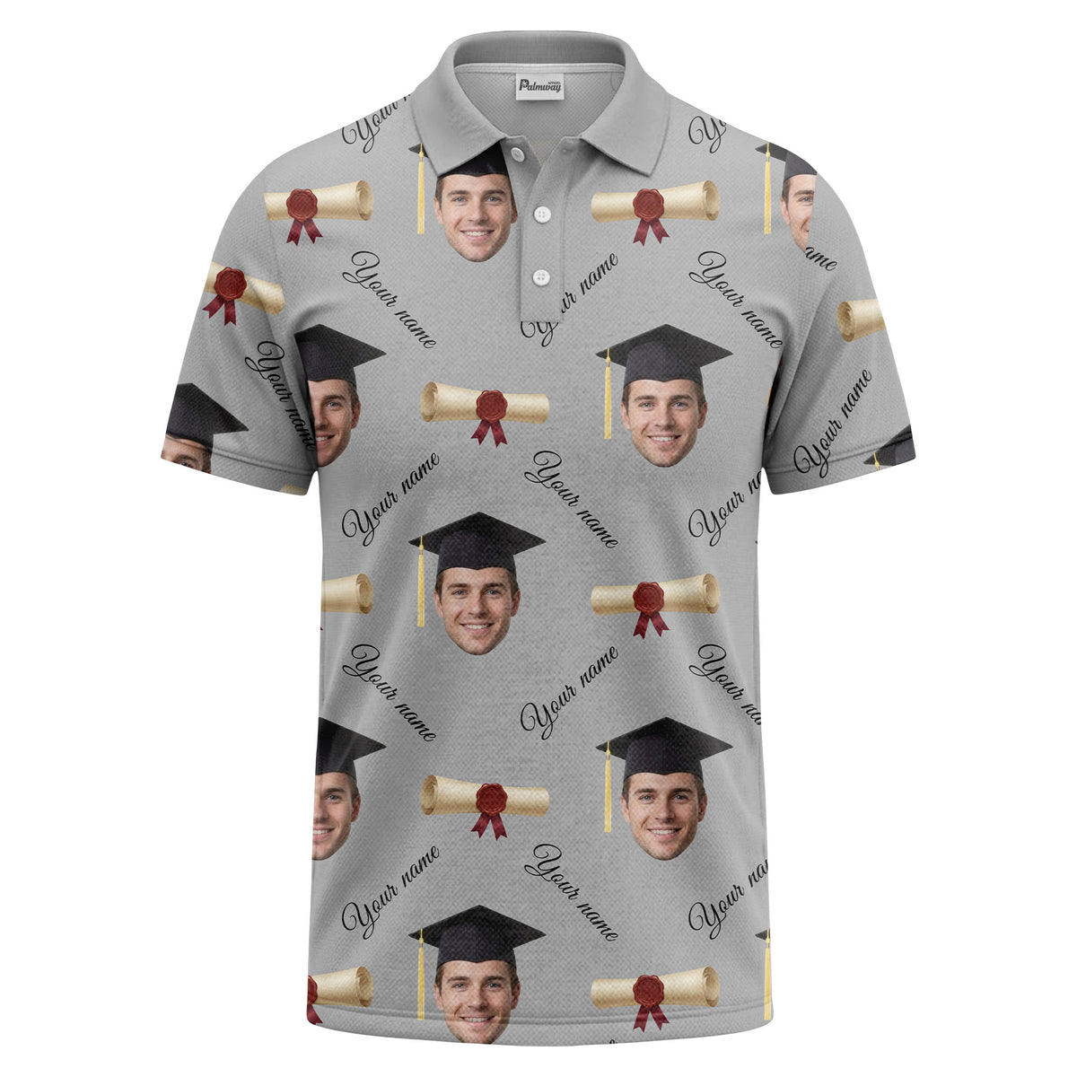 graduation caps & diploma scrolls over personalized faces polo shirt