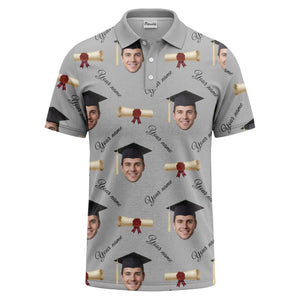 graduation caps & diploma scrolls over personalized faces polo shirt