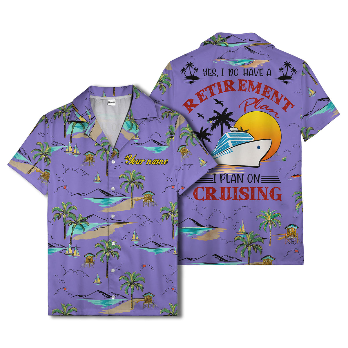 island paradise palm trees & sailboats sunset hawaiian shirt