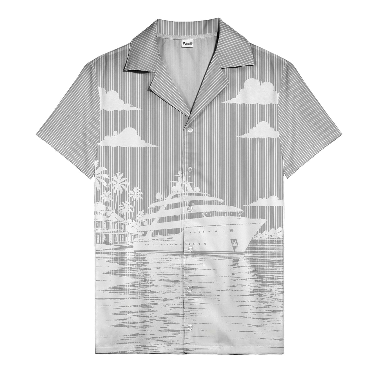 luxury yacht & palm trees tropical beach scene hawaiian shirt