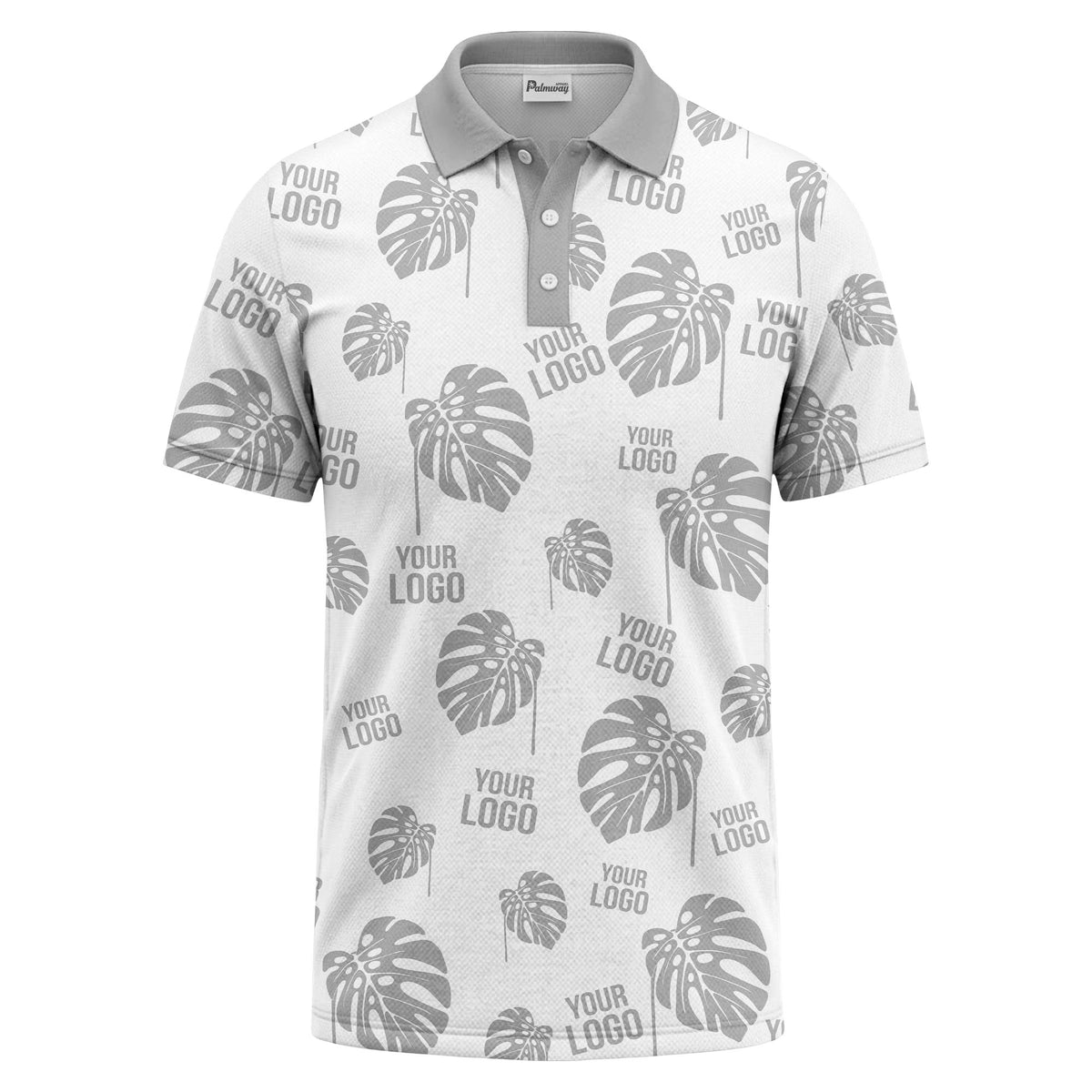 monstera leaves & custom logo repeat black white hawaiian polo shirt