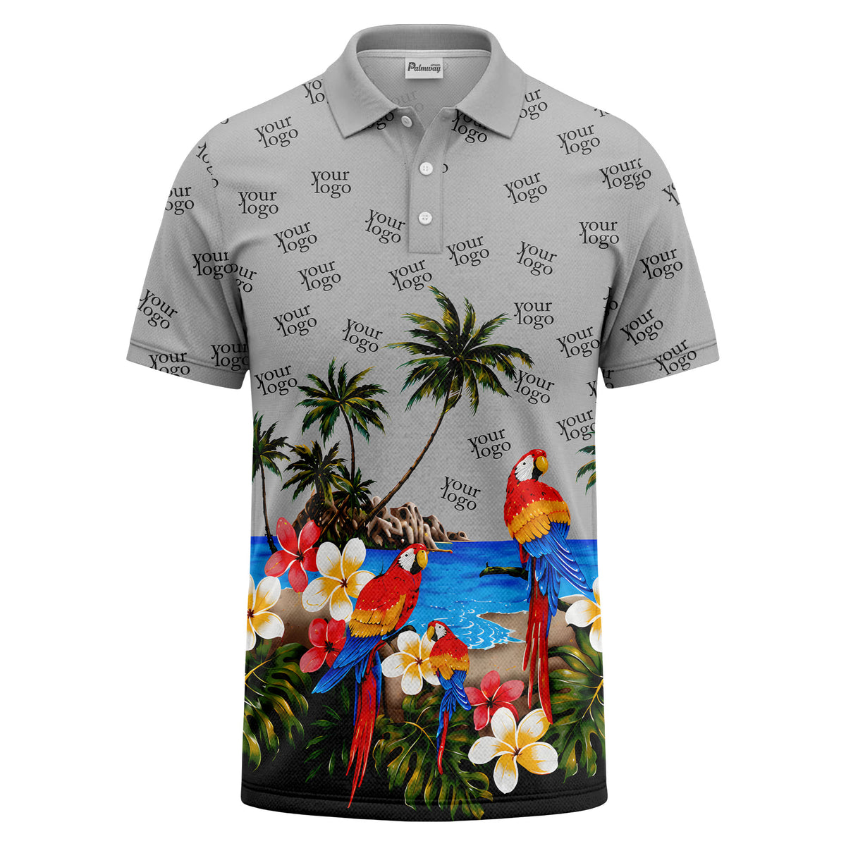 parrot palm plumeria beach watercolor polo shirt