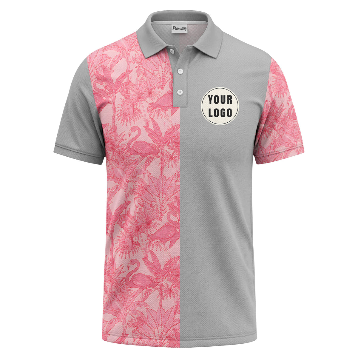 pink flamingo & tropical leaves patterned hawaiian shirt polo shirt
