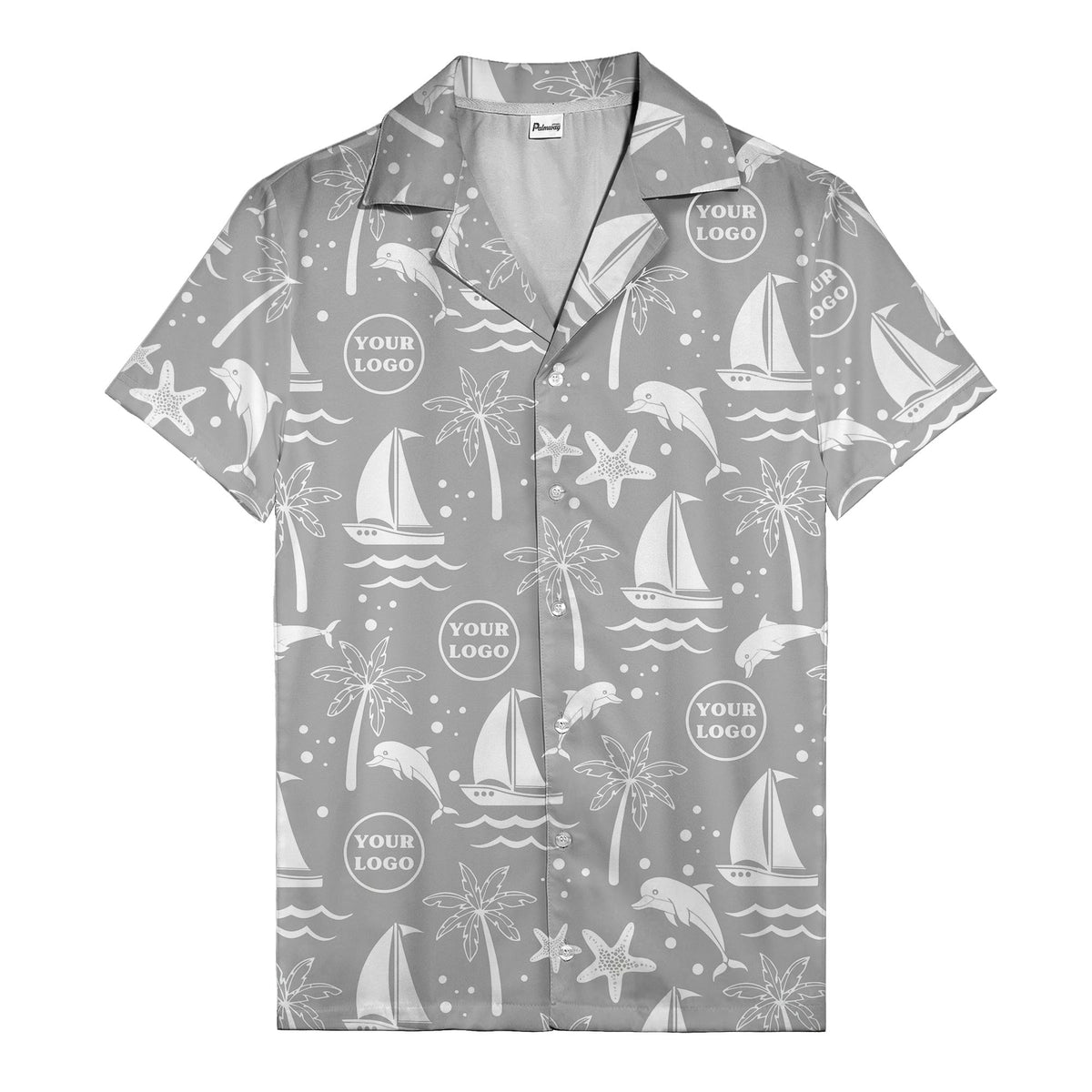 sailboats dolphins palm trees starfish repeat pattern black white hawaiian shirt