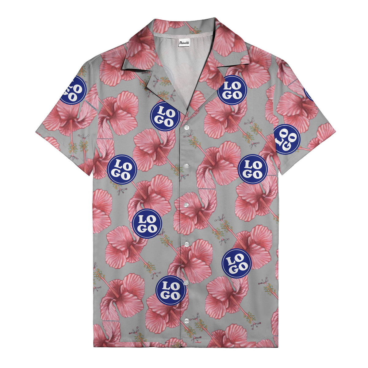 watercolor pink hibiscus & blue logo repeat aloha hawaiian shirt