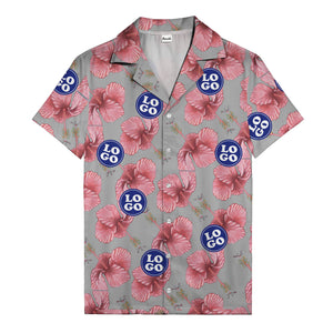 watercolor pink hibiscus & blue logo repeat aloha hawaiian shirt