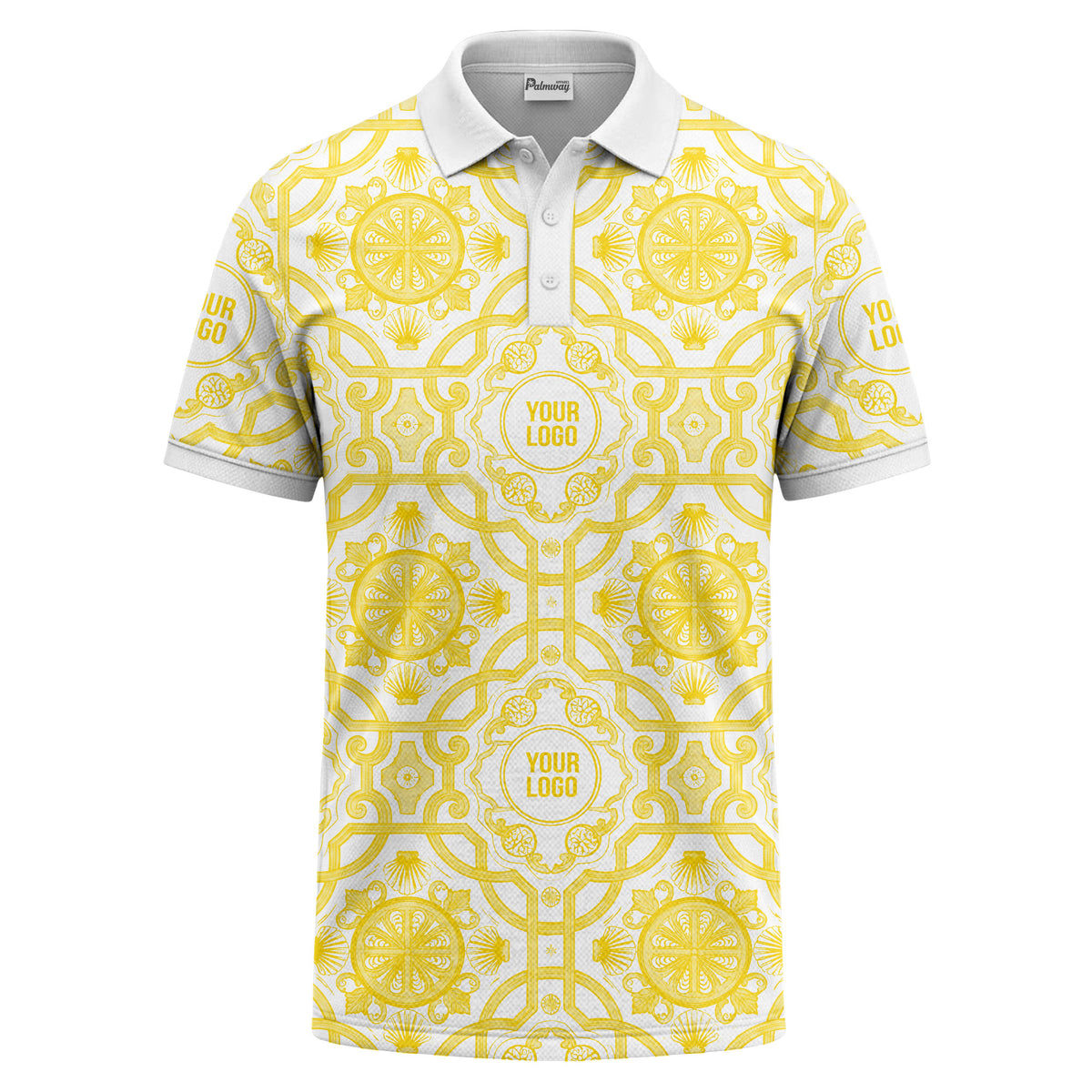 Custom Ornamental Polo Shirt – White & Gold Vintage Tile Pattern Personalized Logo Polo