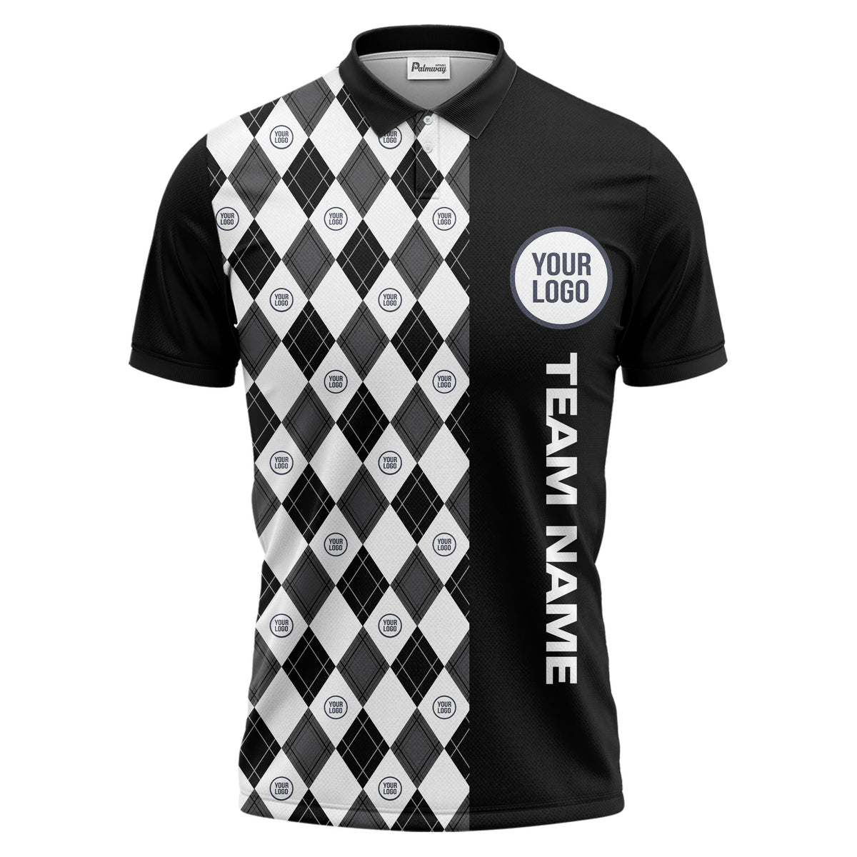 argyle diamond black white polo shirt with custom team logo for men