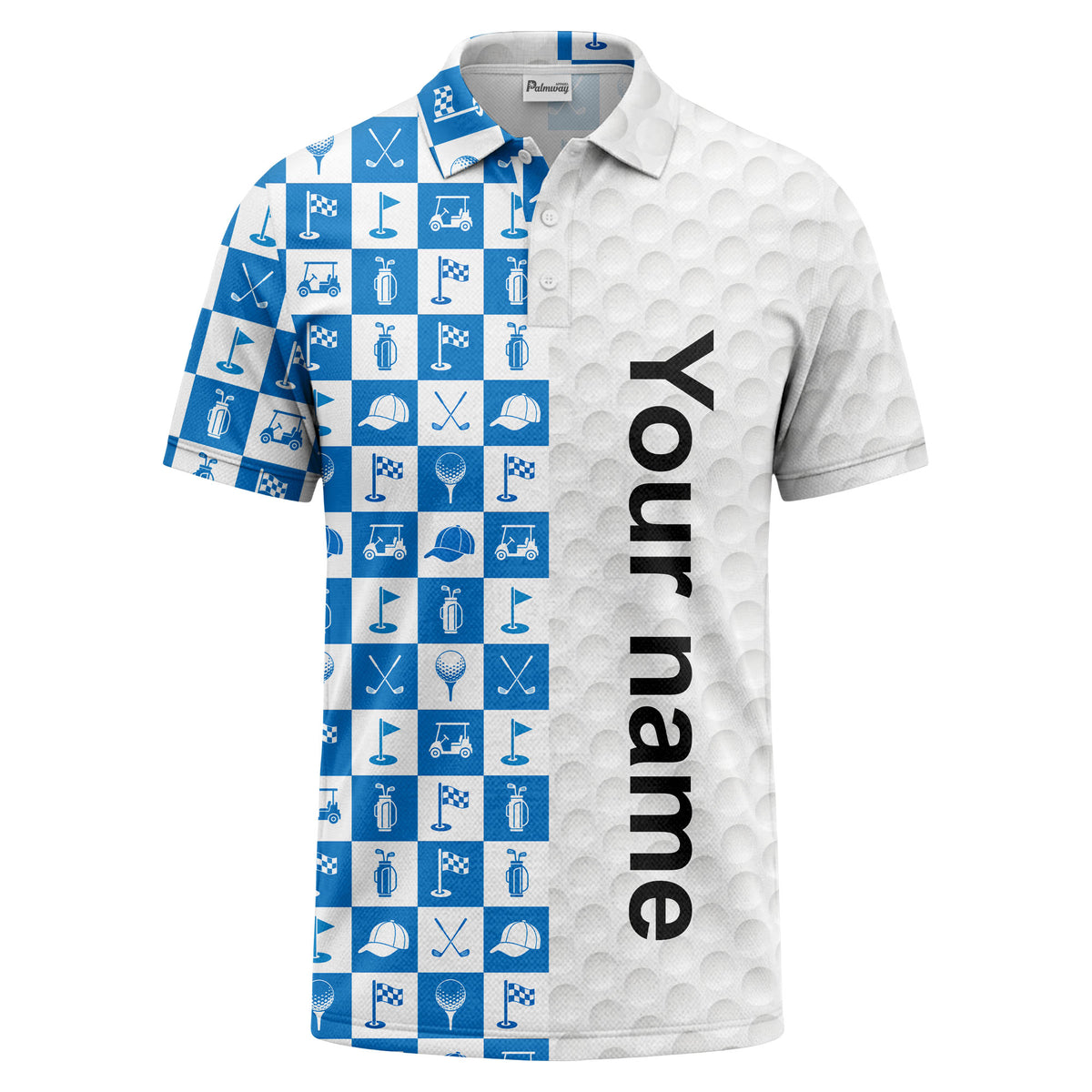 Personalized Blue Golf Polo Shirt – Custom Name & Golf Icon Design