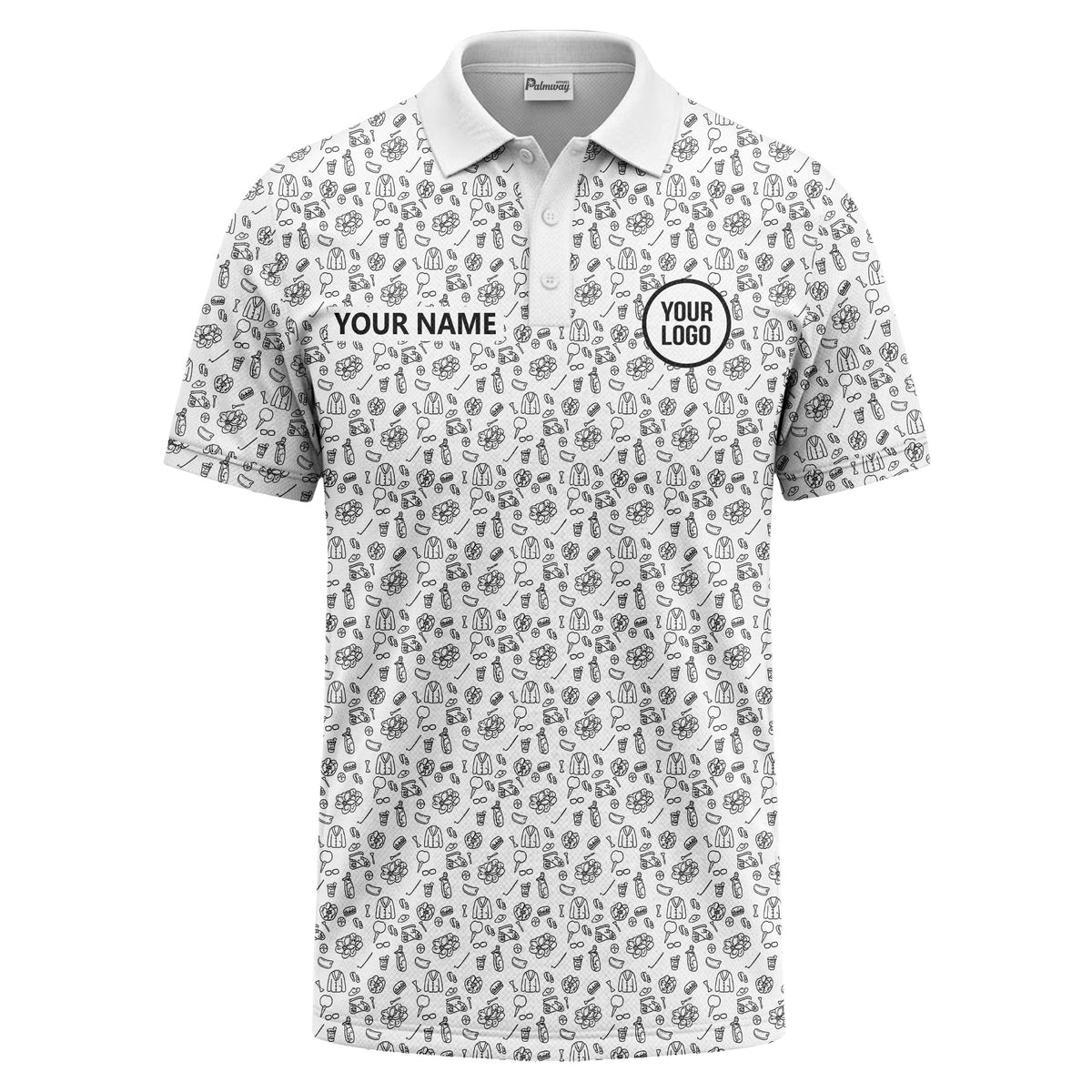 Custom Golf Doodle Pattern All-Over Print Short Sleeve Polo Shirt - Personalized Name & Logo Athletic Golf Polo