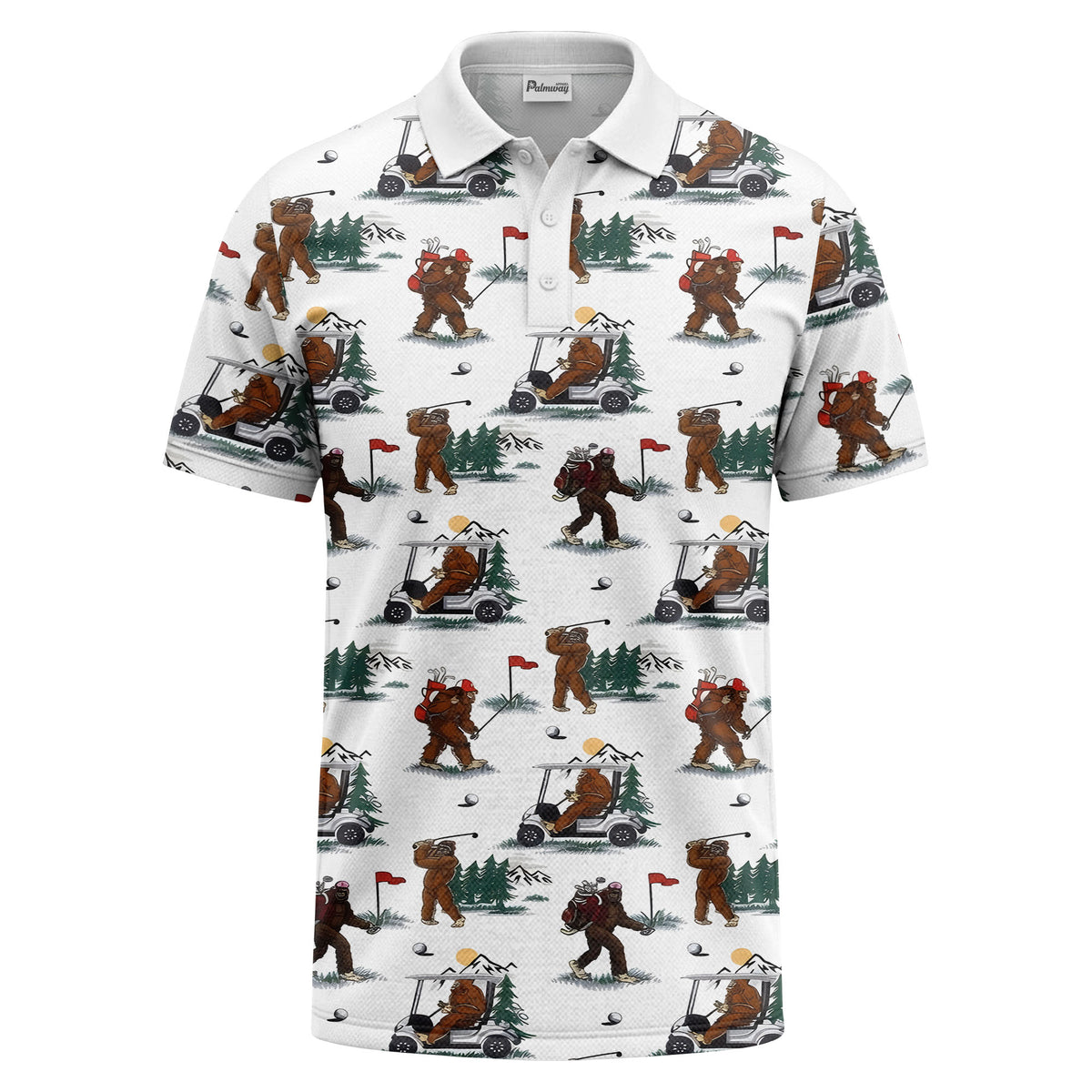 Custom Bigfoot Golfing, Pine Trees & Carts All-Over Print Short Sleeve Polo Shirt - Athletic Golf Polo
